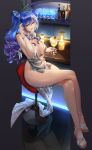  1girl absurdres azur_lane bar_stool bare_legs blue_hair bottle bracelet breasts cherry cleavage crossed_legs cup dress drink drinking_glass evening_gown food fruit full_body high_heels highres iitsumonemu jewelry large_breasts long_legs looking_at_viewer necklace official_alternate_costume orange_(fruit) orange_slice plunging_neckline purple_eyes revealing_clothes side_ponytail silver_dress sitting st._louis_(azur_lane) st._louis_(luxurious_wheels)_(azur_lane) stool strappy_heels 