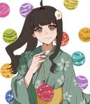  1girl ahoge araragi_tsukihi asymmetrical_hair black_hair blush brown_eyes closed_mouth egg_hair_ornament eyelashes floral_print food-themed_hair_ornament green_kimono hair_ornament hand_up highres holding japanese_clothes kimono long_hair looking_at_viewer monogatari_(series) obi print_kimono sash smile solo upper_body valhalla0707 water_balloon white_background wide_sleeves yellow_sash 