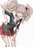  1girl binxngchng1 black_necktie black_shirt blonde_hair breasts cleavage collarbone danganronpa:_trigger_happy_havoc danganronpa_(series) enoshima_junko feet_out_of_frame hand_up highres large_breasts leaning_forward long_hair miniskirt necktie red_skirt shirt short_sleeves sketch skirt solo standing tongue tongue_out twintails white_necktie white_shirt 