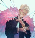  1boy arms_up black_suit blonde_hair coat donquixote_doflamingo earrings feather_coat ghen2212 grin highres jewelry looking_at_viewer male_focus multiple_bracelets multiple_rings necktie one_piece pink-tinted_eyewear pink_coat ring short_hair skull_and_crossbones smile suit sunglasses thread tinted_eyewear upper_body white-framed_eyewear white_necktie 
