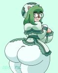  2023 anthro artist_name big_breasts big_butt breasts bubble_butt butt canid canine canis cheadle_yorkshire cleavage clothed clothing curvaceous curvy_figure daisy-pink71 digital_drawing_(artwork) digital_media_(artwork) domestic_dog dress eyelashes eyewear female fur glasses green_hair hair hi_res hourglass_figure huge_breasts huge_butt hunter_x_hunter looking_back mammal simple_background small_waist smile solo tan_body tan_fur thick_thighs voluptuous watermark wide_hips 