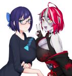  2girls a-chan_(hololive) ahoge alternate_breast_size black_shirt blue_bow blue_eyes blue_hair blush bow breast_press choker colored_skin dasdokter glasses grey_hair grey_skin hair_bow heterochromia highres hololive hololive_indonesia japanese_clothes kimono kureiji_ollie multicolored_hair multicolored_skin multiple_girls ninja off_shoulder open_mouth patchwork_skin pink_hair red_eyes red_hair shirt short_hair stitched_face stitches symmetrical_docking v virtual_youtuber white_background yellow_eyes zombie 