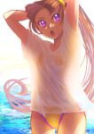  1girl alternate_hairstyle amanogawa_kirara arms_behind_head arms_up backlighting bikini brown_hair commentary cowboy_shot day go!_princess_precure hairband highres jj_(ssspulse) long_hair looking_at_viewer no_pants ocean open_mouth outdoors ponytail precure purple_eyes shirt short_sleeves side-tie_bikini_bottom solo standing swimsuit t-shirt wet wet_clothes wet_shirt white_shirt yellow_bikini yellow_hairband 