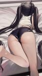  1girl ahoge ass backboob bed_sheet black_hair breasts facing_away from_behind highres long_hair medium_breasts midriff original priite_hari_(torriet) short_shorts shorts solo tank_top thighs torriet twintails very_long_hair 