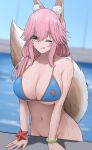  1girl absurdres animal_ear_fluff animal_ears bikini blue_bikini blush breasts cleavage closed_mouth collarbone fate/grand_order fate_(series) fox_ears fox_print fox_tail highres indoors large_breasts long_hair looking_at_viewer navel no_panties one_eye_closed pink_hair purasu_haven solo swimsuit tail tamamo_(fate) tamamo_no_mae_(swimsuit_lancer)_(fate) tongue yellow_eyes 