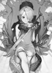  1boy 1girl air_(ai_r_) bracelet breath_of_fire breath_of_fire_v closed_mouth collarbone commission commissioner_upload dragon dress facial_mark forehead_mark full-body_tattoo greyscale hair_over_one_eye highres jewelry looking_at_viewer monochrome nina_(breath_of_fire_v) ryuu_(breath_of_fire_v) short_hair simple_background smile sword tattoo weapon wings 
