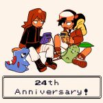  2boys anniversary black_footwear black_jacket black_shirt boots chikorita commentary_request cyndaquil ethan_(pokemon) game_boy game_boy_color game_link_cable handheld_game_console hat holding holding_handheld_game_console jacket long_hair long_sleeves male_focus multiple_boys on_shoulder pants pokemon pokemon_(creature) pokemon_(game) pokemon_gsc pokemon_on_shoulder red_jacket shirt shoes shorts silver_(pokemon) sitting starter_pokemon_trio totodile tyako_089 white_background white_pants white_shorts 