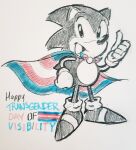  2023 anthro back_spikes cape classic_sonic classic_sonic_(universe) clothing english_text eulipotyphlan footwear gesture gloves handwear head_spikes hedgehog hi_res lgbt_pride male mammal marker_(artwork) open_mouth politics pride_colors sega shoes simple_background socks sodaft_potato solo sonic_the_hedgehog sonic_the_hedgehog_(series) spikes spikes_(anatomy) standing text thumbs_up traditional_media_(artwork) transgender_day_of_visibility transgender_pride_colors white_background 