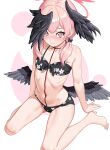  1girl absurdres bare_shoulders barefoot bikini black_bikini black_bow black_wings blue_archive blush bow breasts closed_mouth collarbone covering_own_eyes feathered_wings feathers flat_chest floral_print front-tie_top full_body hair_ornament halo head_wings highres koharu_(blue_archive) koharu_(swimsuit)_(blue_archive) long_hair looking_at_viewer low_twintails low_wings navel official_alternate_costume parabi pink_eyes pink_hair pink_halo print_bikini red_halo simple_background sitting solo stomach swimsuit tearing_up twintails wariza white_background wings 