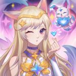  1girl :p ;o ahri_(league_of_legends) animal animal_ears bare_shoulders blue_choker bow bowtie brown_eyes choker closed_eyes covered_collarbone detached_sleeves finger_heart fox_ears fox_girl fox_tail gold_headband grey_sleeves hair_ornament heart highres league_of_legends long_hair long_sleeves looking_at_viewer multicolored_hair multiple_tails official_alternate_costume one_eye_closed open_mouth orange_bow orange_bowtie qianniao_zhi_shi smile space sparkle star_(symbol) star_guardian_(league_of_legends) star_guardian_ahri star_hair_ornament starry_background tail tongue tongue_out upper_body 