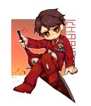  1boy bright_pupils brown_eyes brown_hair chibi collared_shirt commentary_request e.g.o_(project_moon) employee_(lobotomy_corporation) highres jacket lobotomy_corporation long_sleeves male_focus necktie pants project_moon red_jacket red_necktie red_pants rose_pin shirt short_hair solo tesna v-shaped_eyebrows white_hair white_pupils white_shirt 