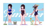  3girls absurdres arm_at_side bare_legs barefoot black_eyes black_hair black_one-piece_swimsuit blue_background blue_footwear blue_one-piece_swimsuit blunt_bangs bracelet breasts broom brown_eyes brown_headwear bucket cleaning closed_mouth commentary competition_school_swimsuit competition_swimsuit english_commentary english_text flip-flops flower full_body glasses green_eyes hair_tie hat highres holding holding_broom holding_towel jewelry long_hair looking_at_viewer looking_back multiple_girls new_school_swimsuit nino_berlin one-piece_swimsuit original outstretched_arms pixel_art ponytail sandals school_swimsuit semi-rimless_eyewear shadow shoes sidelocks small_breasts smile sneakers standing straw_hat summer sun_hat sunflower sweeping swimsuit towel twintails under-rim_eyewear yellow_flower 