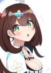  1girl blush breasts brown_hair choker cleavage collarbone green_eyes hair_ornament hanamori_healthy hat highres indie_virtual_youtuber long_hair looking_at_viewer melty+ mkt nurse nurse_cap open_mouth pill_hair_ornament simple_background solo surprised virtual_youtuber white_choker 