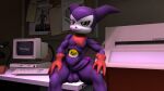  absurd_res anthro balls bandai_namco big_balls big_butt big_penis butt clothing digimon digimon_(species) erection genitals gloves handwear hi_res impmon latex_gloves leaning_on_object looking_at_viewer male penis purple_body scarf sitting sitting_on_desk smile smiling_at_viewer smirk smirking_at_viewer smug solo solo_focus sweetsourcefm thick_thighs wide_hips 