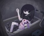  1girl bathing bathtub black_eyes black_hair black_shirt black_shorts boxcutter clothed_bath crying crying_with_eyes_open cuts hand_up handprint holding holding_needle holding_sewing_needle holding_stuffed_toy indoors injury kanikan knee_up long_hair looking_at_viewer needle off-shoulder_shirt off_shoulder open_mouth original pale_skin partially_submerged puffy_short_sleeves puffy_sleeves self-harm sewing sewing_needle shirt short_sleeves shorts sitting solo straight_hair string stuffed_animal stuffed_rabbit stuffed_toy stuffing tears 