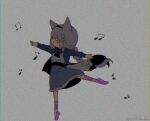  0725akaba 1girl animal_ear_fluff animal_ears beamed_eighth_notes black_bow blue_bow blue_jacket blush_stickers bow braid closed_eyes closed_mouth eighth_note fox_ears fox_girl fox_tail grey_background grey_skirt hololive jacket long_hair long_sleeves musical_note open_clothes open_jacket outstretched_arms pink_footwear profile shirakami_fubuki shirt shoes simple_background skirt sleeves_past_wrists solo standing standing_on_one_leg tail twitter_username very_long_hair virtual_youtuber white_hair white_shirt 