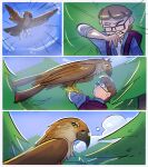  accipitrid accipitriform ambiguous_gender avian beak bird brown_body buteo chickenhawk clothed clothing comic digital_media_(artwork) duo eyewear feathers feral flying forest forest_background glasses hi_res human male mammal nature nature_background on_arm outside plant red-tailed_hawk sky talons tree wings zoba_(artist) 