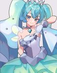  1girl aqua_eyes aqua_hair bracelet diamond_(shape) dress frilled_dress frills gloves hatsune_miku highres jewelry long_hair looking_at_viewer mui_(tqxg4) off-shoulder_dress off_shoulder pendant_choker pokemon project_voltage rock_miku_(project_voltage) smile tiara twintails veil very_long_hair vocaloid white_gloves 