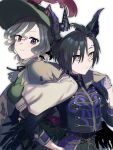  2girls air_shakur_(belphegor&#039;s_prime)_(umamusume) air_shakur_(umamusume) animal_ears black_hair black_jacket breasts brown_hair brown_shirt cape closed_mouth eyebrow_piercing feathered_wings fig_(lchijiku) green_headwear hand_on_own_hip hat hat_feather heterochromia highres horns horse_ears jacket long_sleeves looking_at_viewer low_wings multiple_girls neck_ribbon pants piercing pink_eyes puffy_long_sleeves puffy_sleeves purple_eyes ribbon shirt short_hair simple_background small_breasts smile tap_dance_city_(proudly_yo-ho!)_(umamusume) tap_dance_city_(umamusume) torn_cape torn_clothes umamusume upper_body white_background wings yellow_eyes 