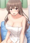  1girl blush breasts brown_eyes brown_hair cleavage collarbone commentary_request curtains indoors large_breasts long_hair nakamura_sumikage naked_towel on_bed original paid_reward_available sitting solo towel 