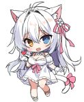  1girl :d aina_rive animal_ear_fluff animal_ears antenna_hair bare_shoulders blue_eyes bow breasts brown_eyes cat_ears cat_girl cat_tail chibi cleavage commentary_request detached_sleeves dress flower full_body gloves hair_between_eyes hair_bow hair_flower hair_intakes hair_ornament hand_up heart heterochromia large_breasts long_hair mauve original pink_bow puffy_short_sleeves puffy_sleeves shoes short_sleeves sketch smile solo tail tail_bow tail_ornament very_long_hair white_dress white_flower white_footwear white_gloves white_hair white_sleeves 