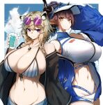  2girls :3 animal_ear_fluff animal_ears aqua_nails arknights bare_shoulders bikini bikini_top_only blue_jacket blue_sky border braid breasts brown_hair cleavage closed_mouth cow_ears cow_horns cup denim denim_shorts drink drinking_glass drinking_straw expressionless eyewear_on_head fingernails gin_moku groin hair_ornament hairclip highres holding holding_cup horns huge_breasts ice ice_cube jacket jewelry light_brown_hair looking_at_viewer medium_hair multiple_girls navel off_shoulder official_alternate_costume open_clothes open_jacket outside_border parted_lips pendant ponytail purple_eyes sharp_fingernails short_hair shorts sideroca_(arknights) sideroca_(light_breeze)_(arknights) sideways_glance sky smile stomach striped striped_bikini sunglasses sweatdrop swimsuit turtleneck twin_braids upper_body utage_(arknights) utage_(summer_flowers)_(arknights) vertical-striped_bikini vertical_stripes visor_cap white_bikini white_border yellow_eyes 
