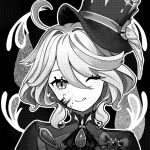  1girl ;p blood blood_on_face brooch cowlick furina_(genshin_impact) gem genshin_impact greyscale hair_between_eyes hat highres jewelry light_blush looking_at_viewer monochrome naphele_yun one_eye_closed portrait screentones short_hair solo tongue tongue_out top_hat 