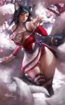 1girl ahri_(league_of_legends) aleriia_v animal_ears bandaged_leg bandages black_hair blowing_kiss braid breasts cleavage facial_mark fox_ears fox_girl heart highres kitsune korean_clothes kyuubi large_breasts league_of_legends lips long_hair multiple_tails off_shoulder one_eye_closed see-through see-through_cleavage solo tail thighs variant_set whisker_markings yellow_eyes 