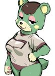  absurd_res animal_crossing anthro bear black_nose breasts brown_hair charlise_(animal_crossing) clothing eyelashes female fur green_body green_ears green_fur green_tail hair hi_res mammal nintendo open_mouth oposa pawpads paws shirt simple_background smile solo sports_panties sportswear standing tail tongue topwear white_background yellow_body yellow_fur yellow_inner_ear 