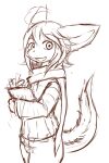  2:3 anthro bottomwear clothed clothing female glistening glistening_eyes half-length_portrait hi_res holding_object kuttoyaki looking_at_viewer monochrome open_mouth open_smile pants portrait scarf simple_background sketch smile solo standing topwear 