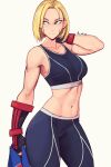  1girl absurdres black_sports_bra blonde_hair blue_eyes breasts cammy_white closed_mouth cowboy_shot english_commentary fingerless_gloves gloves highres holding holding_clothes holding_jacket jacket jacket_removed medium_breasts navel official_alternate_costume pants raichiyo33 scar short_hair solo sports_bra street_fighter street_fighter_6 thick_thighs thighs yoga_pants 