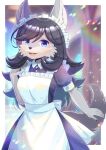  1girl :d animal_ear_fluff animal_ears apron black_dress black_hair blue_eyes blurry blurry_background collared_dress commentary_request commission depth_of_field dress fangs frilled_apron frills furry furry_female hair_between_eyes hand_up kou_hiyoyo long_hair looking_at_viewer maid maid_apron maid_headdress original puffy_short_sleeves puffy_sleeves short_sleeves skeb_commission smile solo tail very_long_hair white_apron 