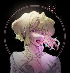  1boy androgynous ascot black_background blonde_hair breathing_fire chinese_commentary collared_shirt colored_eyelashes commentary_request ear_piercing fire frilled_shirt_collar frills highres komatsu2536 lio_fotia long_sleeves looking_at_viewer open_mouth piercing pink_eyes promare shirt short_hair sketch teeth tongue tongue_piercing upper_body upper_teeth_only white_ascot white_shirt 