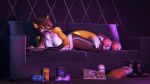  3d_(artwork) abs absurd_res anthro bonk_(brand) boots breasts brown_body brown_fur canid canine chip_bag chromatic_aberration cinder_(huskytheprotogen) clothing comic_book cookie detailed_background digital_media_(artwork) epic_games eyelashes featureless_breasts female fennix_(fortnite) flurry food footwear fortnite fox fur furniture glowing glowing_eyes hair hair_over_eye hi_res huskytheprotogen inner_ear_fluff lying_on_sofa mammal neck_tuft on_sofa one_eye_obstructed orange_body orange_fur petruz_(copyright) plate red_fox shaded shoulder_tuft slippers socks sofa solo source_filmmaker team_fortress_2 tin_can track_pants tuft umbrella valve white_body white_fur yellow_eyes 