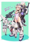  1girl ahoge alternate_costume beam_rifle blue_eyes breasts dated energy_gun glasses green_background grey_hair gundam gundam_mk_ii gundam_unicorn hat heywood_l._edwards_(kancolle) holding holding_weapon kantai_collection leotard long_hair mecha_musume medium_breasts military_hat moke_ro power_armor science_fiction signature solo weapon white_leotard 