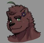  absurd_res ahoge anthro bear blush brown_body brown_fur dynogreeno eyebrows flower fur green_eyes green_highlights hair hi_res highlights_(coloring) male mammal plant smile solo teeth thick_eyebrows ursine 