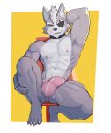  2023 anthro areola bulge canid canine canis clothing collar detailed_bulge eye_patch eyewear fur grey_body grey_fur hi_res jrjresq looking_at_viewer male mammal navel nintendo red_eyes sitting solo star_fox underwear wolf wolf_o&#039;donnell 