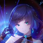  1girl aqua_eyes bare_shoulders black_gloves blue_hair blunt_bangs commentary_request dice earrings genshin_impact gloves grin hand_up jewelry lightria looking_at_viewer pink_lips portrait short_hair smile solo yelan_(genshin_impact) 