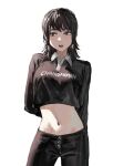  1girl black_hair black_pants black_shirt chainsaw_man commentary crop_top grey_eyes highres midriff mifune_fumiko navel open_mouth pants raberu_ruru shirt simple_background solo stomach upper_body white_background 