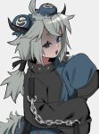  1girl :3 absurdres ahoge bags_under_eyes black_dress black_eyes black_horns blue_dress blue_eyes blue_sclera bun_cover chain colored_sclera double_bun dragon_girl dragon_horns dragon_tail dress fangs grey_background grey_hair hair_bun hands_up heterochromia high_collar highres horns hyow long_hair long_sleeves looking_at_viewer low_twintails open_mouth original shaded_face short_eyebrows side_slit simple_background sleeves_past_fingers sleeves_past_wrists smug solo tail twintails upper_body 
