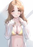  1girl :o absurdres blush bra breasts cleavage collarbone commentary highres ichikawa_hinana idolmaster idolmaster_cinderella_girls light_brown_hair looking_at_viewer medium_breasts navel open_clothes open_shirt parted_bangs see-through see-through_shirt shirt sikimosh solo underwear upper_body white_shirt yellow_bra 