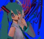  000v666 1girl abstract_background alternate_eye_color aqua_hair aqua_necktie bare_shoulders blue_background blush_stickers collared_shirt detached_sleeves from_side grey_shirt grey_sleeves hair_between_eyes hair_ornament hand_up hatsune_miku highres long_hair long_sleeves looking_at_viewer looking_to_the_side necktie open_mouth purple_eyes shirt sleeveless sleeveless_shirt solo tongue tongue_out twintails upper_body vocaloid wide_sleeves 