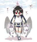 1girl bag black_hair black_wings blue_archive breasts closed_mouth cloud feathered_wings full_body halo hasumi_(blue_archive) hasumi_(track)_(blue_archive) holding jacket large_breasts long_hair long_sleeves low_wings plastic_bag plue_ral ponytail red_eyes shirt shoes shorts sky socks solo sparkle walking white_shirt white_socks wings 