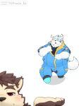  96panda absurd_res anthro blush brown_body brown_fur canid canine canis clothing dog_operator domestic_dog duo fur hi_res jumpsuit lifewonders live_a_hero male male/male mammal meme protagonist_(live_a_hero) snoot_challenge undressing white_body white_fur wolf yohack 