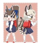  2girls animal_ears bag brown_eyes brown_hair cat_ears cat_girl cat_tail chipmunk_ears chipmunk_girl chipmunk_tail extra_ears geoffroy&#039;s_cat_(kemono_friends) green_eyes grey_hair grgrgoodup highres kemono_friends kemono_friends_v_project long_hair microphone multiple_girls parody pink_background ribbon school_bag school_uniform shoes short_hair shukusei!!_loli-gami_requiem siberian_chipmunk_(kemono_friends) simple_background socks tail twintails virtual_youtuber 