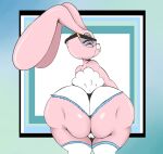  anthro big_butt black_pupils buckteeth butt camel_toe cartoon_network clothing eyewear female glasses hi_res huge_butt joanna_watterson lagomorph legwear leporid looking_at_viewer looking_back mammal neom-daddy pink_body pupils rabbit red_eyes solo teeth the_amazing_world_of_gumball thick_thighs thigh_highs wide_hips 