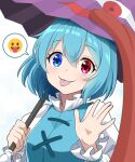  1girl blue_eyes blue_hair commentary_request cross-laced_clothes heterochromia highres holding holding_umbrella karakasa_obake kisaragi_koushi long_sleeves looking_at_viewer purple_umbrella red_eyes short_hair simple_background solo spoken_emoji tatara_kogasa tongue tongue_out touhou umbrella upper_body white_background 