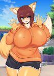  anthro big_breasts blue_eyes breasts brown_hair canid canine clothing curvy_figure dolphin_shorts eyebrows female fluffy_ears fox hair hana hi_res hoodie huge_breasts inner_ear_fluff looking_at_viewer mammal multicolored_body open_mouth orange_clothing park short_hair smile solo tail tailzkim thick_eyebrows thick_thighs topwear tuft wide_hips yellow_body 