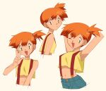  1girl :d ;d commentary_request eyelashes green_eyes green_shorts hand_up highres knhrpnkt looking_at_viewer misty_(pokemon) multiple_views navel one_eye_closed open_mouth orange_hair pokemon pokemon_(anime) pokemon_(classic_anime) shirt shorts side_ponytail simple_background sleeveless sleeveless_shirt smile suspenders tongue twitter_username w watermark white_background yellow_shirt 