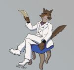  absurd_res anthro bent_legs brown_body brown_fur canid canine canis chair clothed clothing crossed_legs dreamworks fur furniture hi_res kuno2848 leg_over_thigh looking_at_viewer male mammal mr._wolf_(the_bad_guys) simple_background sitting solo the_bad_guys wolf 